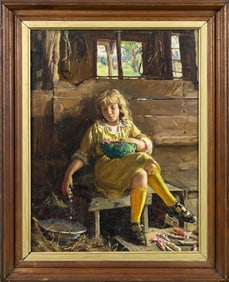EARLY 20TH C. OIL, YOUNG GIRL HARVESTING PEAS.