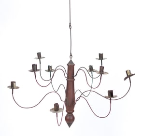 VINTAGE RED PAINTED WOOD AND TIN CANDLE CHANDELIER.