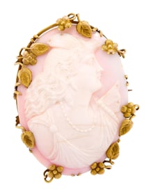 ANTIQUE 14K GOLD SHELL CAMEO BROOCH.