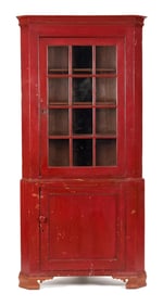 FEDERAL COUNTRY RED PAINTED CORNER CUPBOARD.