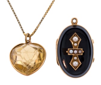 ANTIQUE GOLD CITRINE PENDANT & ONYX & PEARL LOCKET.