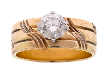14K GOLD ART CARVED BAND W/ .60 CT. DIAMOND.