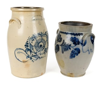 TWO ANTIQUE STONEWARE CROCKS, OTTMAN & OTHER.