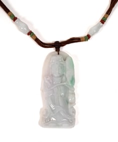 CHINESE CARVED JADE GUANYIN NECKLACE.