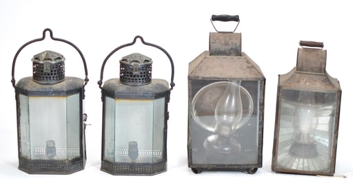 FOUR ANTIQUE BARN LANTERNS.
