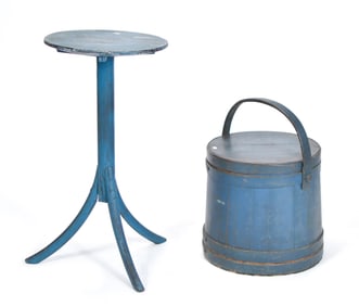 ANTIQUE BLUE PAINTED FIRKIN AND PRIMITIVE STAND.