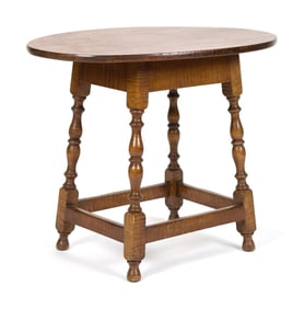 VINTAGE BENCH MADE TIGER MAPLE TEA TABLE.