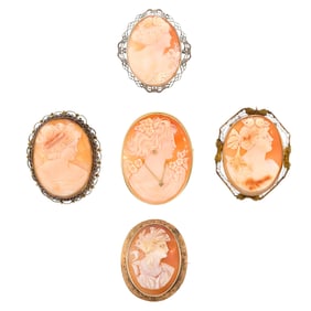 FIVE ANTIQUE VICTORIAN CAMEOS.