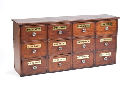 19TH C. 12 DRAWER MAHOGANY APOTHECARY.