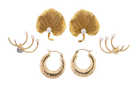 THREE PAIR OF 14K GOLD EARRINGS.