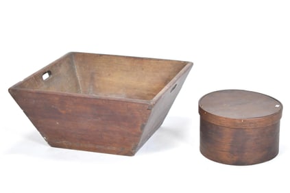 19TH C. DOVETAILED CHERRY DOUGH TRAY AND PANTRY BOX.