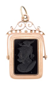 ANTIQUE 14K GOLD HARDSTONE INTAGLIO WATCH FOB/LOCKET.