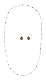 18K & 14K SMOKY QUARTZ & TURQUOISE EARRINGS & CHAIN.