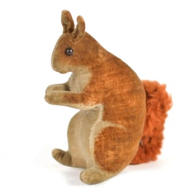 ANTIQUE STEIFF VELVET SQUIRREL RATTLE.