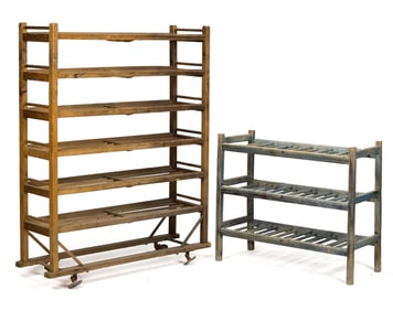 TWO VINTAGE INDUSTRIAL SHOE RACKS.