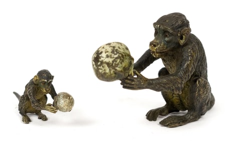 TWO ANTIQUE VIENNESE BRONZE MONKEYS.
