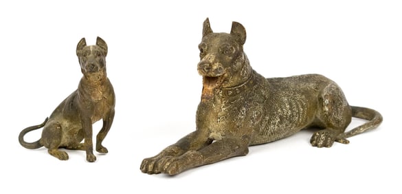 TWO ANTIQUE VIENNESE BRONZE DOGS.