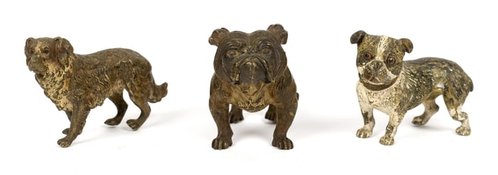 THREE ANTIQUE VIENNESE BRONZE DOGS.