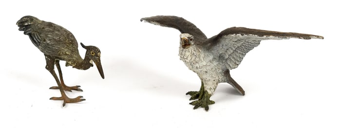TWO ANTIQUE VIENNESE BRONZE BIRDS, EAGLE AND HERON.