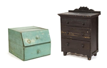 ANTIQUE PAINTED CHILDS CHEST AND PAINTED BOX.