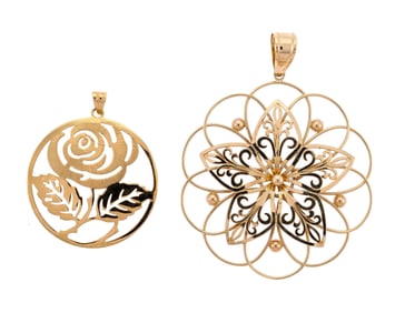 TWO 18K & 14K GOLD ROSE & FILIGREE PENDANTS.