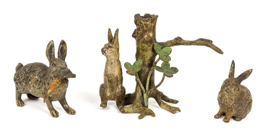 THREE ANTIQUE VIENNESE BRONZE RABBITS.