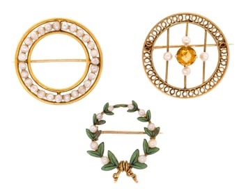 ANTIQUE 14K GOLD ENAMEL, CITRINE & PEARL CIRCLE PINS.
