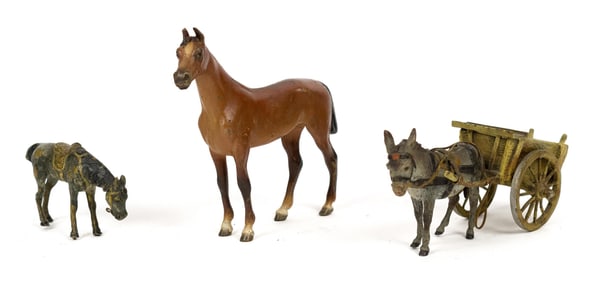 THREE ANTIQUE VIENNESE BRONZE HORSES AND DONKEYS.