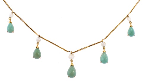 ANTIQUE 14K GOLD TURQUOISE DROP & PEARL NECKLACE.
