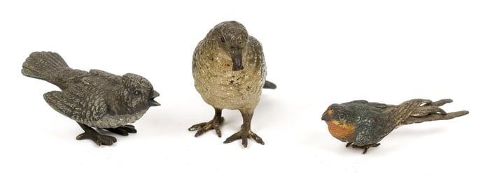 THREE ANTIQUE VIENNESE BRONZE BIRDS.