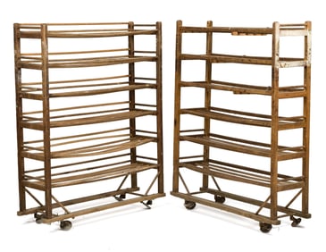 TWO ANTIQUE INDUSTRIAL SHOE RACKS.