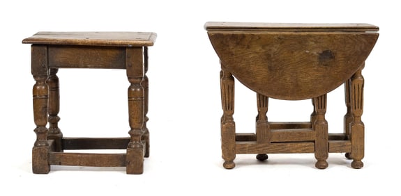 ANTIQUE ENGLISH JOINT STOOL AND SMALL TABLE.