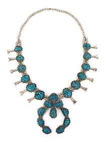 NATIVE AMERICAN SILVER & TURQUOISE SQUASH BLOSSOM.