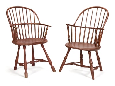 TWO 18TH C. RED PAINTED WINDSOR ARMCHAIRS.
