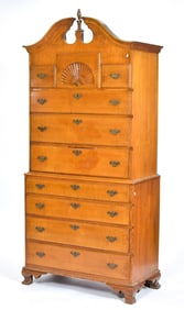 19TH C. CENTENNIAL CURLY MAPLE CHEST ON CHEST.