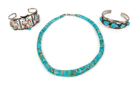 NATIVE AMERICAN OWL & TURQUOISE CUFF & BEAD NECKLACE.