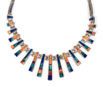 NAVAJO SIGNED CALVIN BEGAY SILVER INLAY NECKLACE.