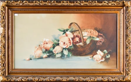 19TH C. WATERCOLOR, ROSES IN BASKET.