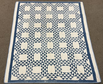 ANTIQUE BLUE AND WHITE OCEANS WAVE QUILT.