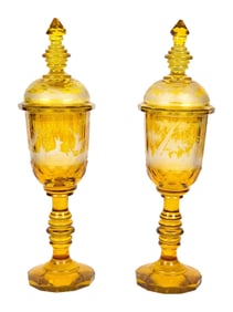 PAIR 19TH C. ETCHED BOHEMIAN COVERED POKALS.