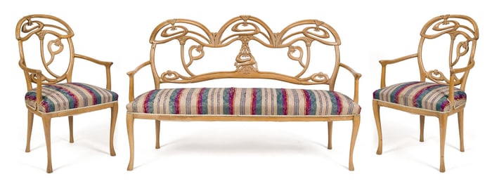 ANTIQUE ART NOUVEAU SETTEE AND CHAIRS.