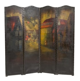 ANTIQUE PAINTED LEATHER FOLDING SCREEN.