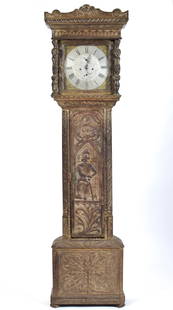 ANTIQUE CARVED OAK GRANDFATHER CLOCK.: A 19th C. European heavily carved oak Grandfather clock, with a scrolled cornice, carved full body figures flanking a square dial, a figural carved door on a floral carved base. Brass works, a silvere