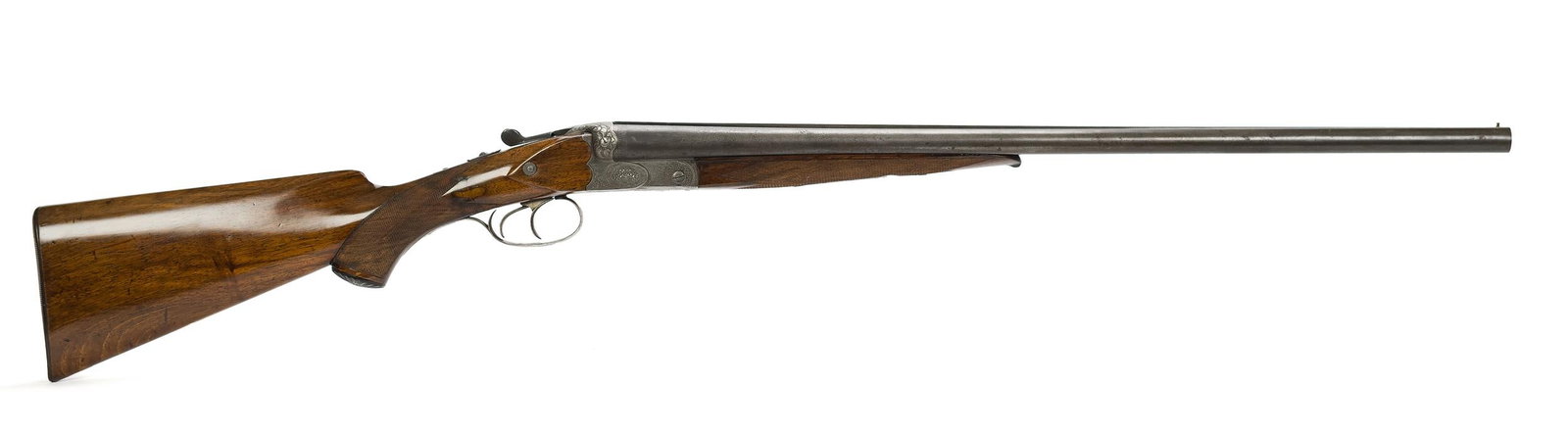 ANTIQUE JJ REEB KOPF 16 GAUGE DOUBLE BARREL SHOTGUN.: A JJ Reeb model Krupp-Essen Fluss Stahl, 16 gauge double barrel break action shotgun, highly engraved German made. Barrel 25.5”L, Overall 42”L. Serial# 19516