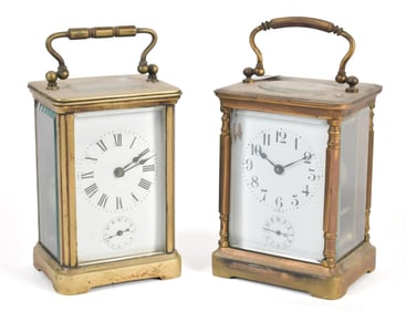 TWO ANTIQUE CARRIAGE CLOCKS.