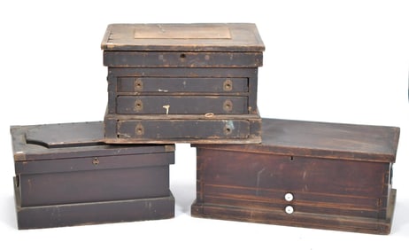 THREE ANTIQUE CARPENTERS TOOL BOXES.