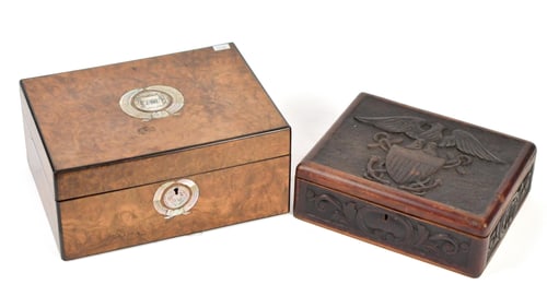 VINTAGE INLAID BURLWOOD SEWING BOX AND CIGAR BOX.