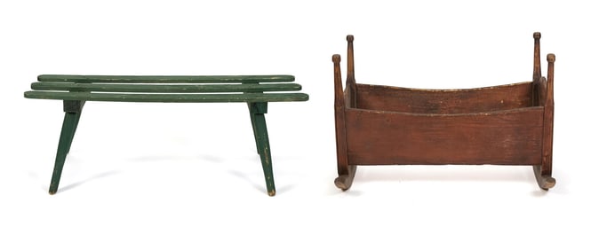 ANTIQUE PRIMITIVE RED PAINTED CRADLE & GARDEN BENCH.