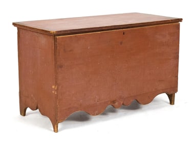 LATE 18TH C. RED PAINTED BLANKET BOX.