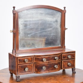 19TH C. CLASSICAL INLAID MAHOGANY SHAVING MIRROR.